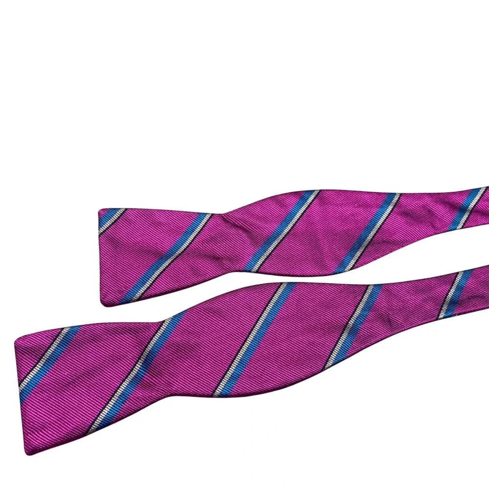 Vintage Ferrell Reed Repp Silk Bow Tie Magenta‎ Teal Striped Self Tie Adjustable